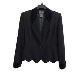 Clio Suit Women 10 Black Blazer Jacket Scallop Hem Embellished Lapel Velvet Trim
